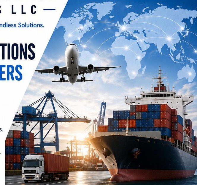 Cargo plane flying over a container port with a loaded container ship and truck